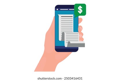 Smartphone receipt bill. Online billing check, bill check and payment receipts mobile notification. Shopping money slip, purchase tax transaction service flat vector illustration.