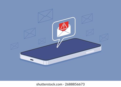 Teléfono inteligente que recibe una notificación por correo electrónico peligrosa con un signo de advertencia, spam o riesgos de seguridad cibernética y amenazas de comunicación. Ilustración vectorial