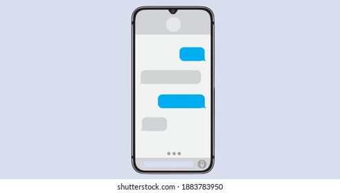Smartphone recieve messages. Message bubbles. Text messages send and recieve. Messenger conversation blue and grey. SMS chat. Type sms message. Communication in social media network.
