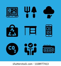 smartphone, recorder, bag, co, tools, tree, meeting, desktop and laptop vector icon. Simple icons set
