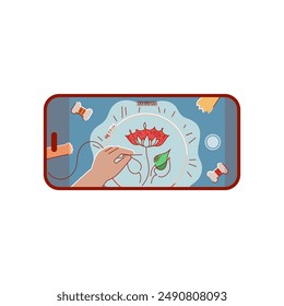 Smartphone with recording of embroidery process on screen