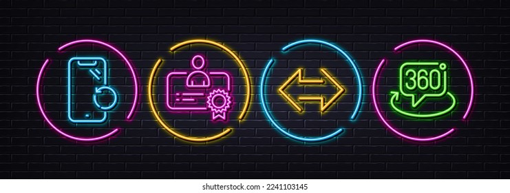 Smartphone recovery, Certificate and Sync minimal line icons. Neon laser 3d lights. 360 degree icons. For web, application, printing. Phone repair, Best employee, Synchronize. Virtual reality. Vector