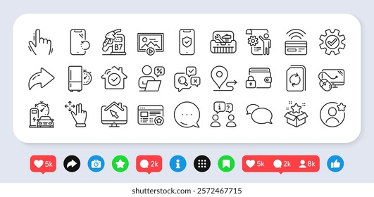 Smartphone recovery, Computer mouse and Favorite line icons pack. Social media: share, comment, like icons. Loyalty program, Lock, Settings blueprint web icon. Vector