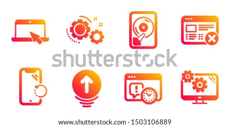 Smartphone recovery, Portable computer and Hdd line icons set. Swipe up, Gears and Reject web signs. Project deadline, Settings symbols. Phone repair, Notebook device. Technology set. Vector