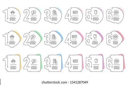 Smartphone recovery, Shopping cart and Packing boxes line icons set. Infographic timeline. Heart rating, Energy and Credit card signs. Phone repair, Dreaming of gift, Delivery box. Vector