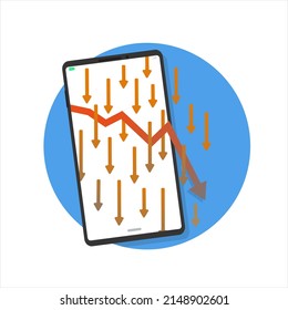 Smartphone with red arrow going down on blue circle background. mobile stock market sale  concept. Flat design style illustration.