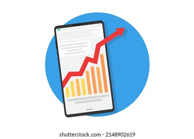 Smartphone with red arrow going up on blue circle background. mobile stock market sale  concept. Flat design style illustration.