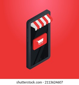 Smartphone con botón de compra rojo y toldo rayado blanco y rojo