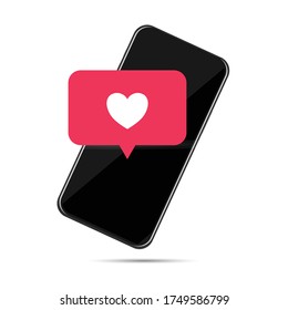 Smartphone mit rotem Chat mit Herz, einzeln auf weißem Hintergrund, Vektorgrafik EPS10