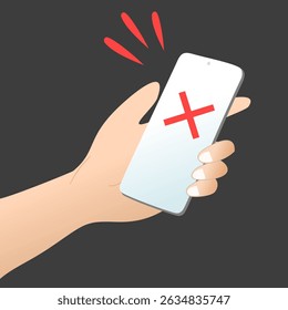 Smartphone with red cross icon. Rejected payment or transaction. Hand holding a smartphone.