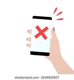Smartphone with red cross icon. Rejected payment or transaction. Hand holding a smartphone.