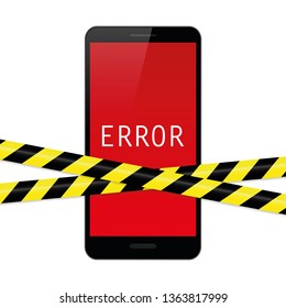 smartphone with red error display and warning tape isolated on white background vector illustration EPS10