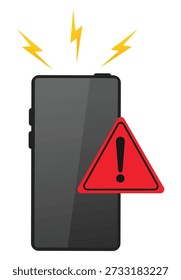 Smartphone con signo de exclamación rojo. Mensaje de atención importante. Mal funcionamiento o spam. Llama a la señal de ingresos. Pantalla del teléfono móvil. Pantalla móvil. Icono de alerta. Señal de triángulo de notificación. Vector de Vector