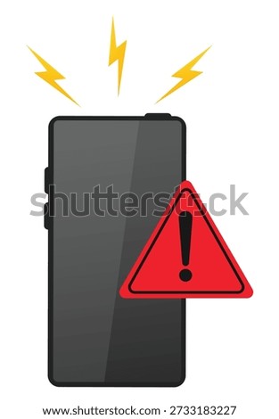 Smartphone with red exclamation mark. Important attention message. Malfunction or spam. Ring income call signal. Cellphone screen. Mobile display. Alert icon. Notification triangle sign. Vector vector