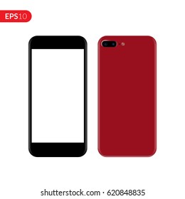 Smartphone red, mobile, phone mockup isolated on white background with blank screen. Back and front view realistic vector illustration phone with red color.	 svg
