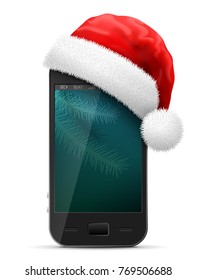 Smartphone in red Santa Claus hat. Christmas head wear is put on mobile phone