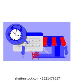 smartphone with red shopping cart icon. E-commerce illustration, online shopping, online store. Modern flat design vector illustration