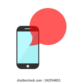 smartphone with red transparent speech bubble. concept of online communion, voicemail and chat application. isolated on white background. flat style trendy modern logo design eps10 vector illustration