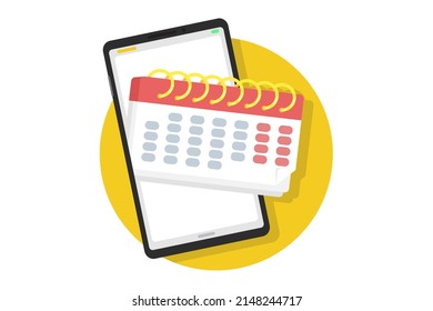 Smartphone with red-white calendar on a yellow circle background. mobile planing concept. Flat design style illustration.