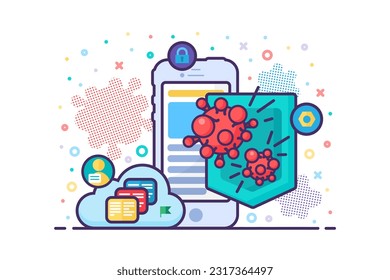 Smartphone with reliable data protection against viruses. Antivirus phone software for prevention data theft and cyber crime. Cartoon outline vector concept isolated on white background