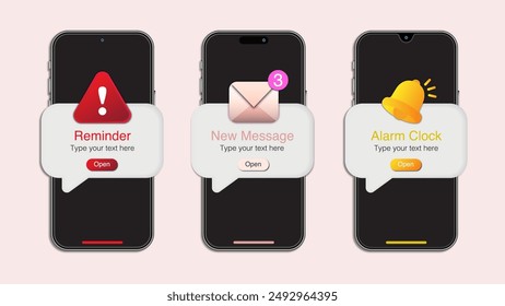 Recordatorio de Smartphone, Reloj de Alerta de Alarma y Conceptos de Notificaciones de Mensajes Nuevos. Mensajes Push y Aviso importante en la pantalla del smartphone. Vector.