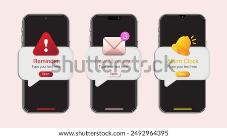Smartphone Reminder, Alarm Alert Clock, and New Message Notifications Concepts. Push Messages and Important Notice on the Smartphone Screen. Vector.