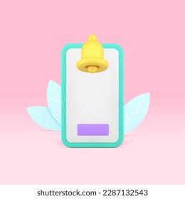 Smartphone reminder alert empty screen button ring bell 3d icon realistic vector illustration. Mobile phone notification message copy space display deadline information push notice warning notify