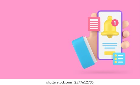 Smartphone reminder application notification banner copy space vector illustration. Business man hand holding mobile phone ring bell notice alert incoming message schedule pushing information