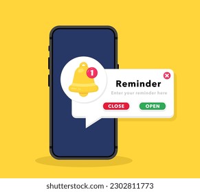 Smartphone with reminder message on screen. Notification page with floating elements. New notice on the phone. Business planning, events, timetable. Important reminder. Vector