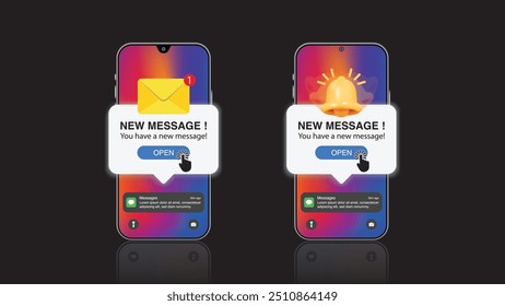 Smartphone Reminder Message on Screen: New Notice Alert, Notification Bell, Important Event Push Message, and Calendar Reminder in a Vector Design.