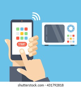 Smartphone remote control app. Microwave controlled via smartphone with wifi. Hand holds cellphone with buttons, finger touch screen. Modern concept for web banner, web sites. Flat vector illustration