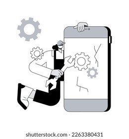 Abstraktes Konzept für die Reparatur von Smartphones, Vektorgrafik. Reparatur von Mobiltelefonen, dringend benötigter Dienst für die Reparatur von Smartphones, Bildschirmersatz, Datenwiederherstellung, abstrakte Metapher für elektronische Geräte.