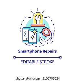 Smartphone repair concept icon. Portable and mobile device. Type of service abstract idea thin line illustration. Isolated outline drawing. Editable stroke. Roboto-Medium, Myriad Pro-Bold fonts used