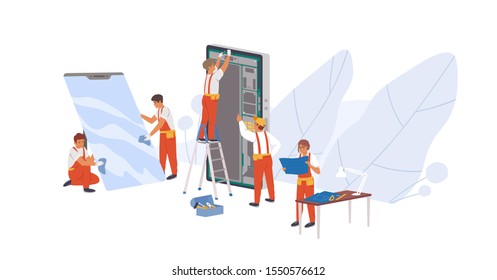 Smartphone repair flat vector illustration. Repairman service workers, appliance repairers cartoon characters. Electronic device reconditioning. Mobile phone parts replacement concept.