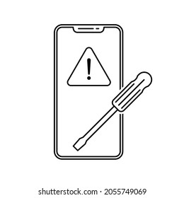 Smartphone repair icon. Screwdriver on mobile icon. Black linear icon. Vector illustration.