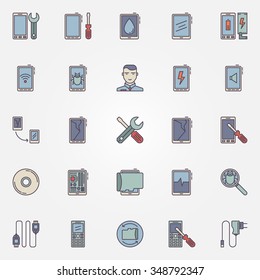 Smartphone repair icons set - vector colorful mobile devices service signs and broken phone symbols