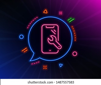 Smartphone repair line icon. Neon laser lights. Phone recovery sign. Mobile device symbol. Glow laser speech bubble. Neon lights chat bubble. Banner badge with smartphone repair icon. Vector