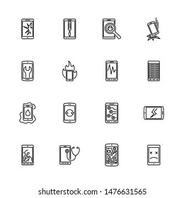 Smartphone Repair, Refurbished Phone Outline Icons Set. Black Symbol On White Background. Smartphone Repair Simple Illustration Symbol Lined Simplicity Sign. Flat Vector Thin Line Icon Editable Stroke