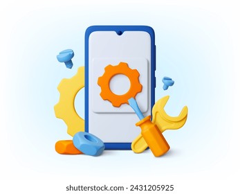 Smartphone repair service 3d style icon. Mobile phone with gear on screen. Upgrade app or phone, technical device support pithy vector concept