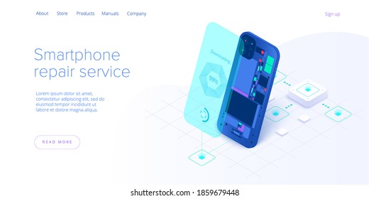 Smartphone repair service in isometric vector illustration. Cellphone or mobile phone  maintenance concept design. Web banner for broken gadget or device warranty fix. 
