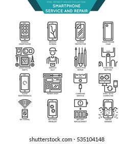 Smartphone Repair And Service Line Icon Set. Cell Phone Broken Screen, Water Damage, Signal And Settings Problems, Repair Shop, Tools, Repairman. Vector Logo Pictograms. Mini Concept Illustrations