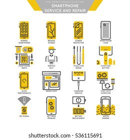 Smartphone Repair And Service Line Icon Set. Cell Phone Broken Screen, Water Damage, Signal And Settings Problems, Repair Shop, Tools, Repairman. Vector Logo Pictograms. Mini Concept Illustrations
