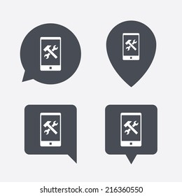 Smartphone repair sign icon. Service symbol. Hammer with wrench. Map pointers information buttons. Speech bubbles with icons. Vector