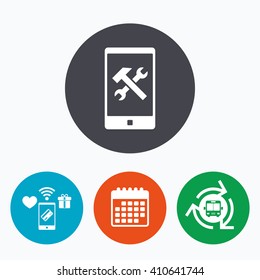 Smartphone repair sign icon. Service symbol. Hammer with wrench. Mobile payments, calendar and wifi icons. Bus shuttle.