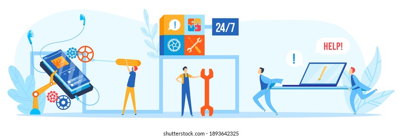 Smartphone repair and support service, devices fix set of vector illustrations. Electronics repair service. Broken phone and mobile gadgets screen repair, maintenance. Technician with instruments.