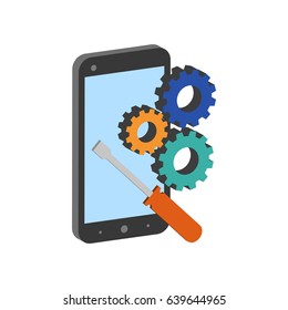 Smartphone repair symbol. Flat Isometric Icon or Logo. 3D Style Pictogram for Web Design, UI, Mobile App, Infographic. Vector Illustration on white background.