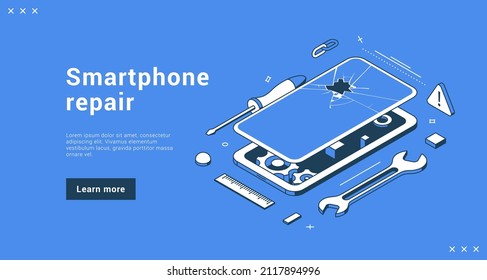 Smartphone repair technical service support internet banner landing page isometric vector illustration. Disassembled phone with broken screen and gear. Fix gadgets web advertising user interface