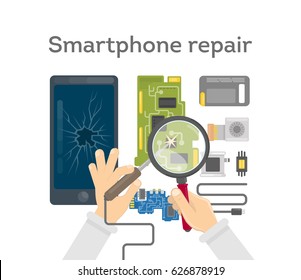 Smartphone repair work. Hands with repairing tools for broken phone.