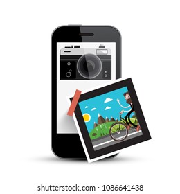 Smartphone with Retro Camera and Picture on Paper. Photography App on Cell Phone.