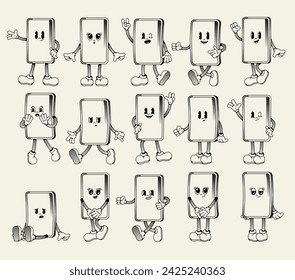 Smartphone retro comic mascot. Cartoon cell phone character with cute face hands legs, wireless digital device with various poses of face phone, smart screen smile. Vector illustration